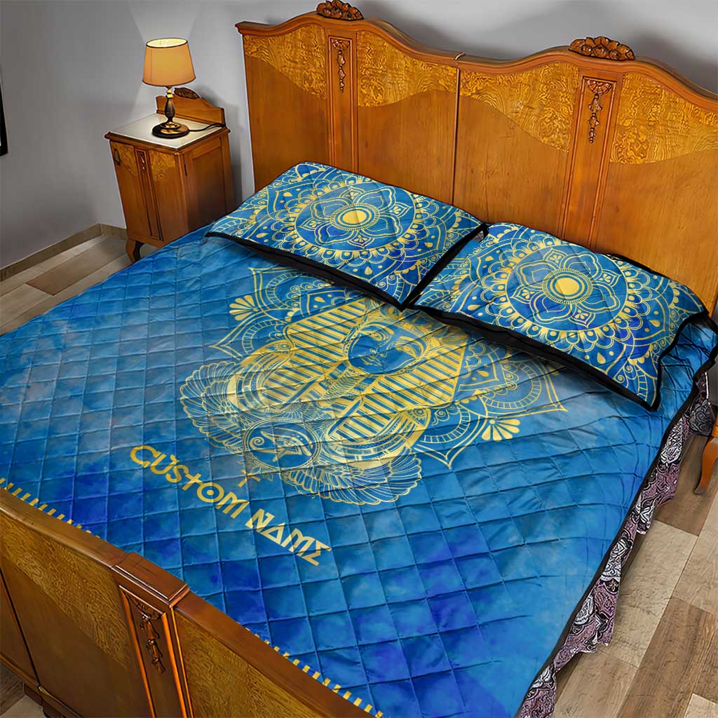 Personalized Egyptian Pharaoh Quilt Bed Set with Mandala and Eye of Horus in Blue DT02