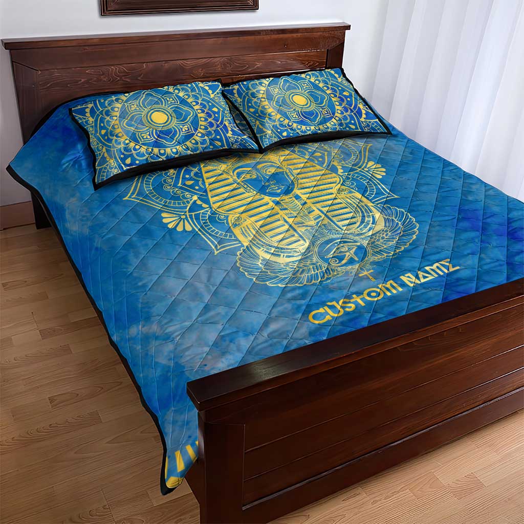 Personalized Egyptian Pharaoh Quilt Bed Set with Mandala and Eye of Horus in Blue DT02