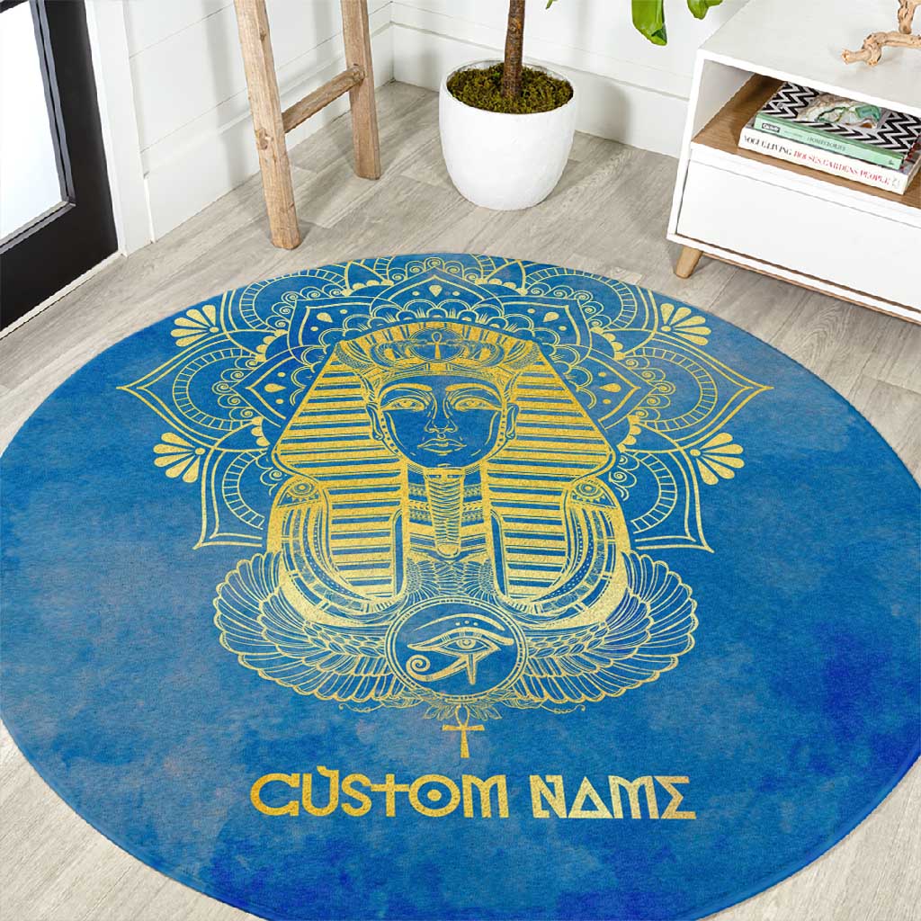 Personalized Egyptian Pharaoh Round Carpet with Mandala and Eye of Horus in Blue DT02