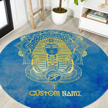 Personalized Egyptian Pharaoh Round Carpet with Mandala and Eye of Horus in Blue DT02