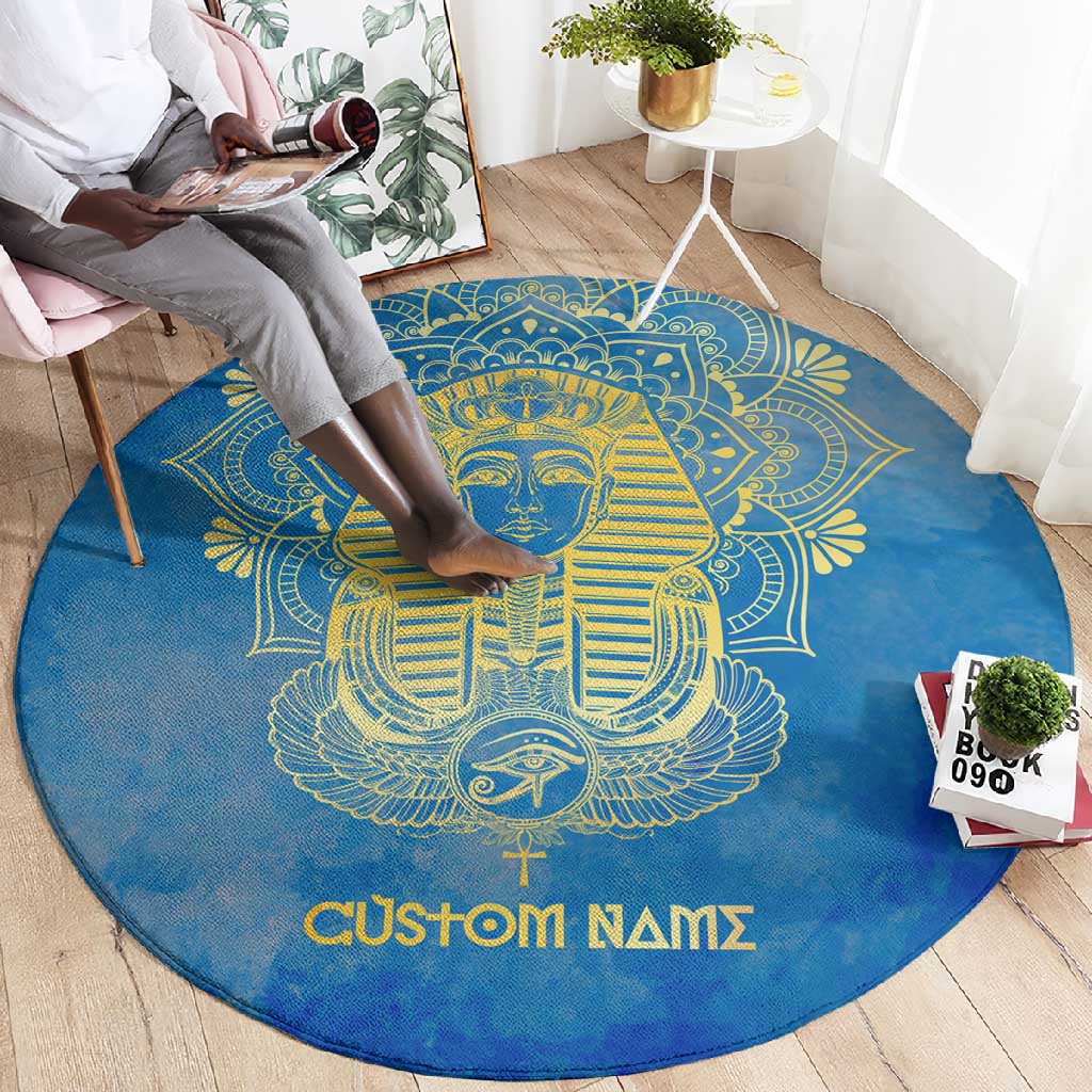 Personalized Egyptian Pharaoh Round Carpet with Mandala and Eye of Horus in Blue DT02