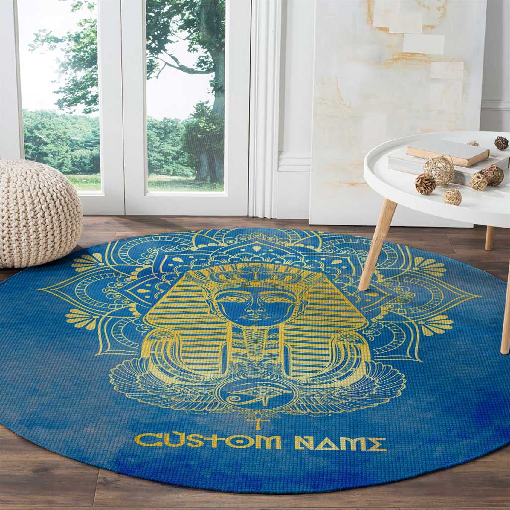 Personalized Egyptian Pharaoh Round Carpet with Mandala and Eye of Horus in Blue DT02