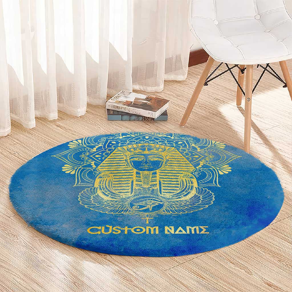 Personalized Egyptian Pharaoh Round Carpet with Mandala and Eye of Horus in Blue DT02