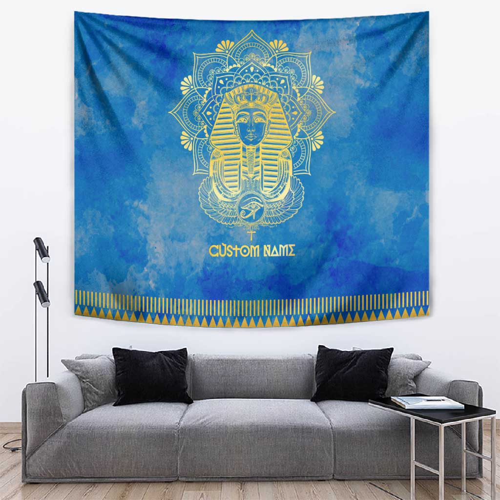 Personalized Egyptian Pharaoh Tapestry with Mandala and Eye of Horus in Blue DT02