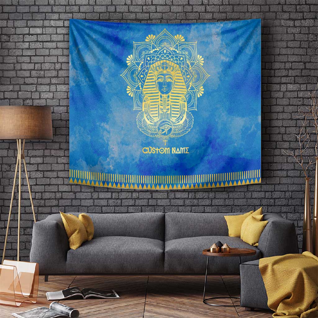Personalized Egyptian Pharaoh Tapestry with Mandala and Eye of Horus in Blue DT02