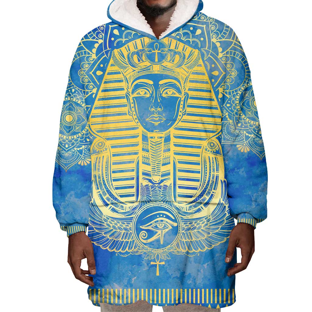 Personalized Egyptian Pharaoh Wearable Blanket Hoodie with Mandala and Eye of Horus in Blue DT02