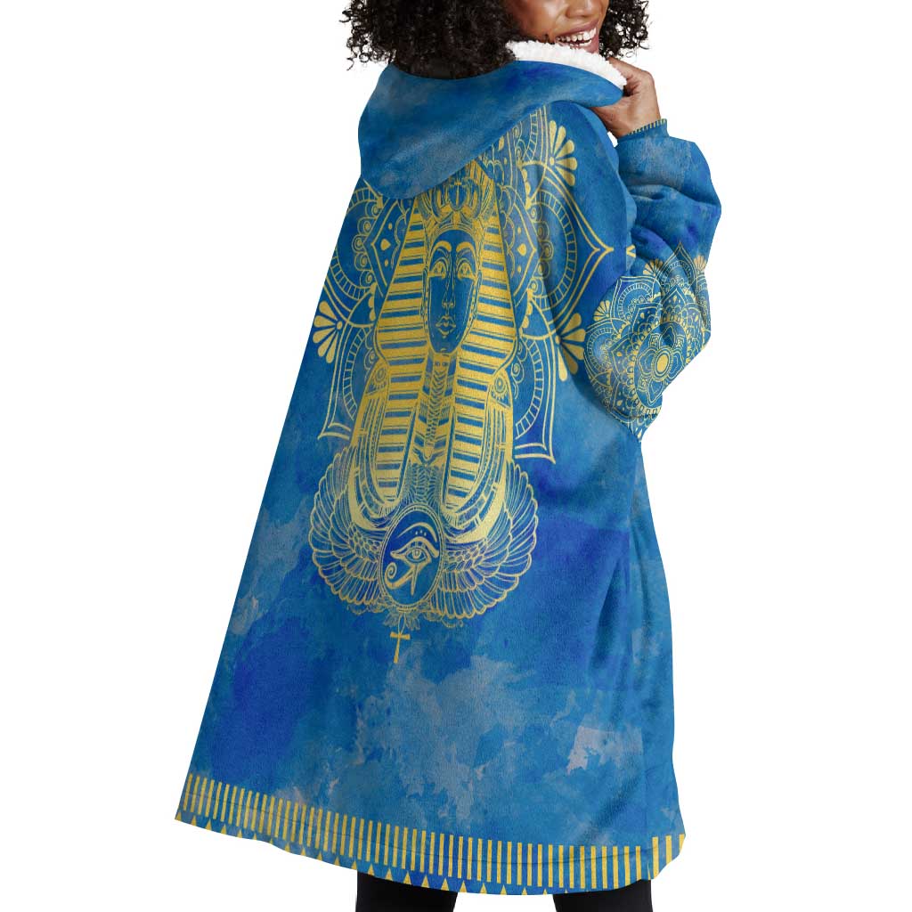 Personalized Egyptian Pharaoh Wearable Blanket Hoodie with Mandala and Eye of Horus in Blue DT02