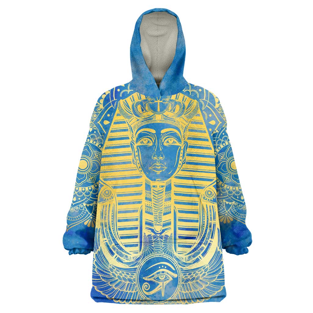 Personalized Egyptian Pharaoh Wearable Blanket Hoodie with Mandala and Eye of Horus in Blue DT02