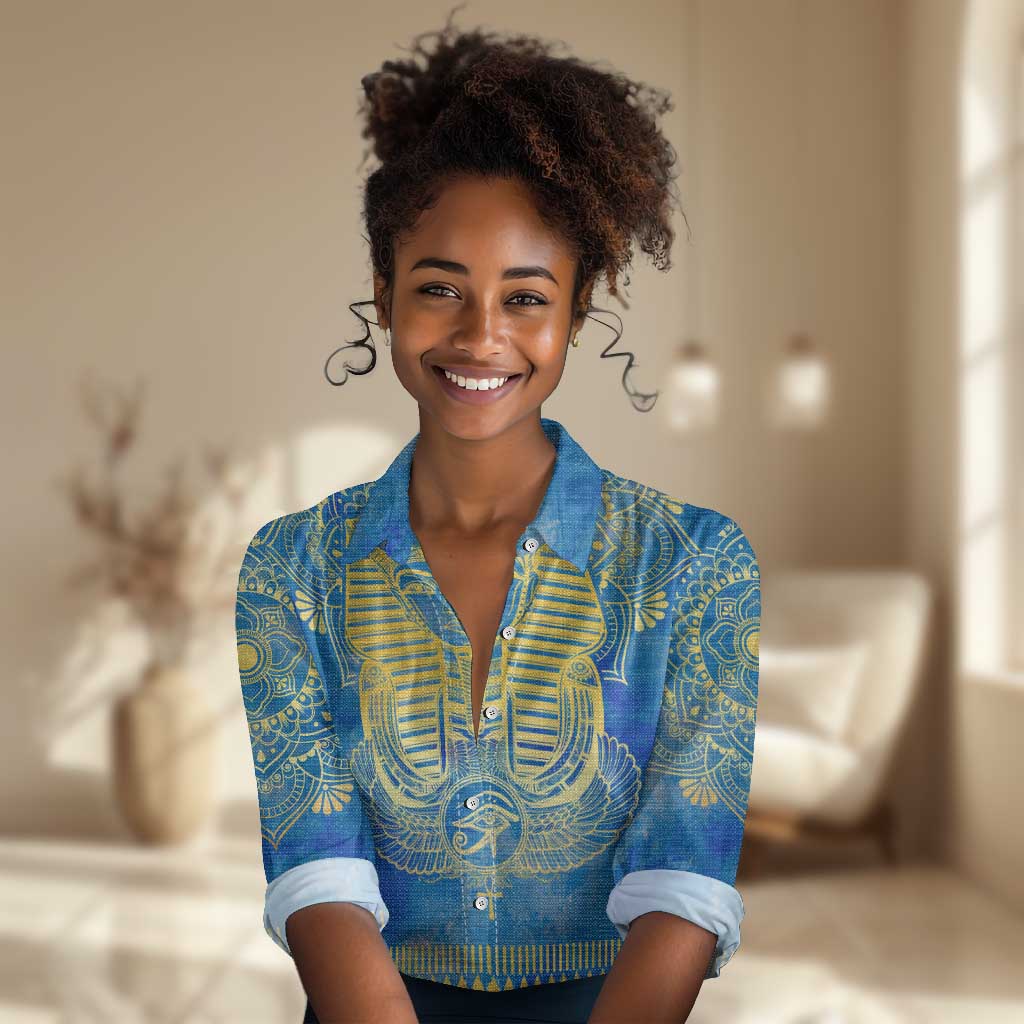 Personalized Egyptian Pharaoh Women Casual Shirt with Mandala and Eye of Horus in Blue DT02