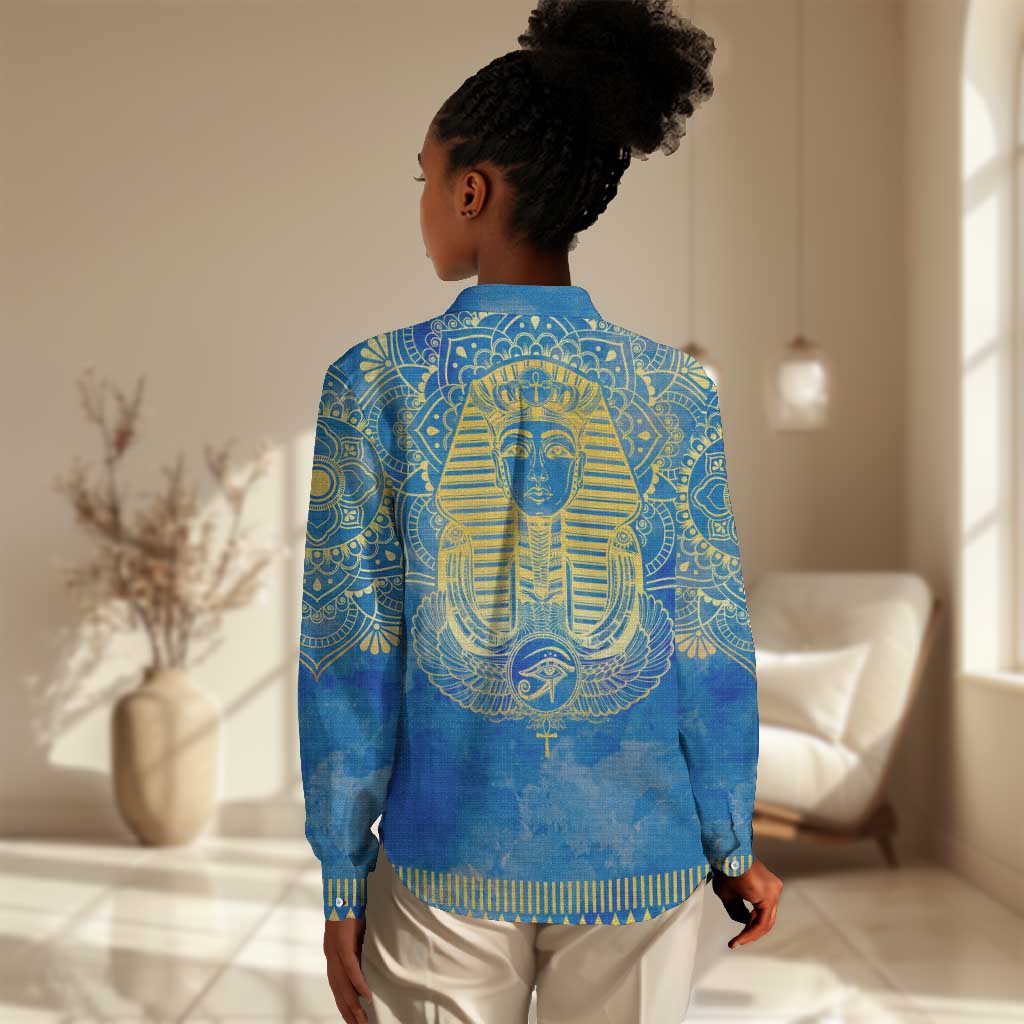 Personalized Egyptian Pharaoh Women Casual Shirt with Mandala and Eye of Horus in Blue DT02