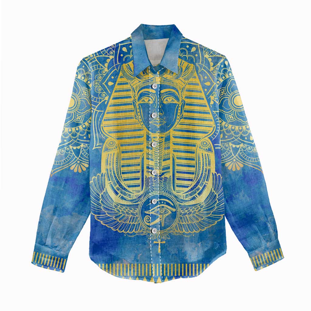 Personalized Egyptian Pharaoh Women Casual Shirt with Mandala and Eye of Horus in Blue DT02