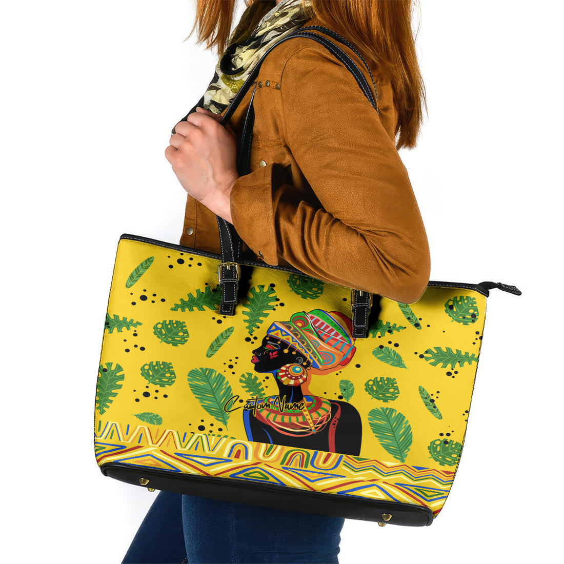 Personalized Africa Woman Leather Tote Bag Tropical Style DT02