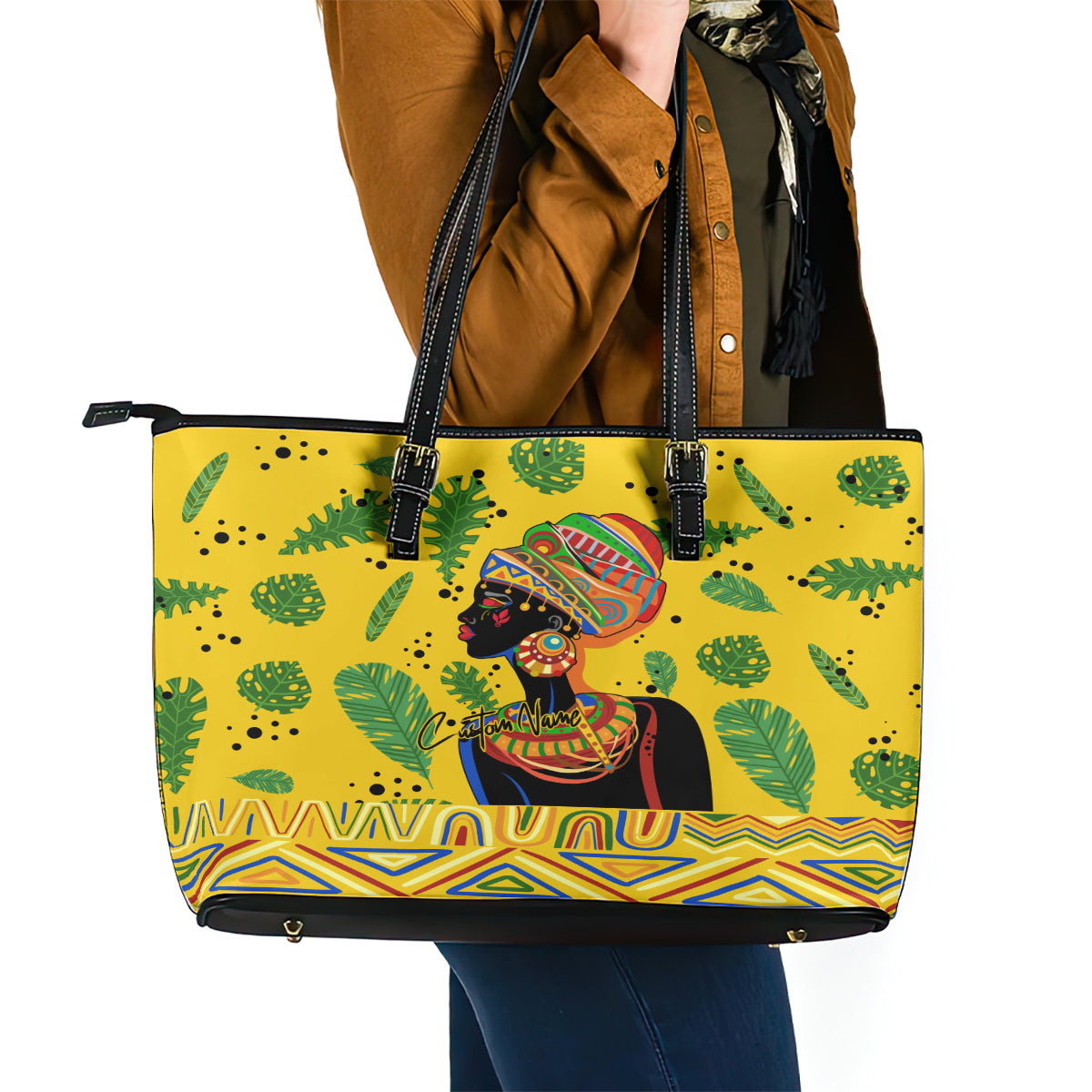 Personalized Africa Woman Leather Tote Bag Tropical Style DT02