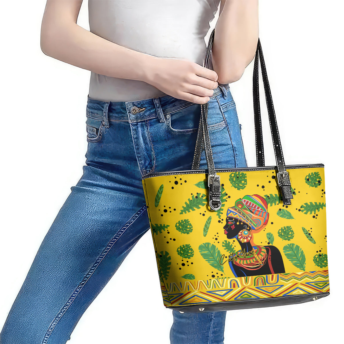 Personalized Africa Woman Leather Tote Bag Tropical Style DT02