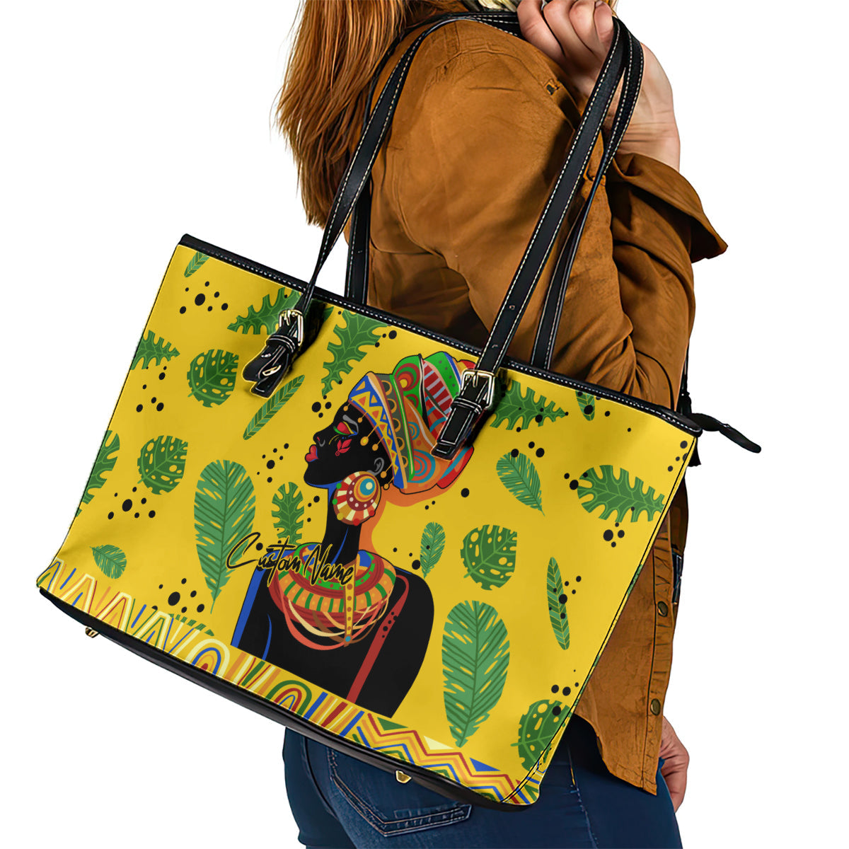 Personalized Africa Woman Leather Tote Bag Tropical Style DT02