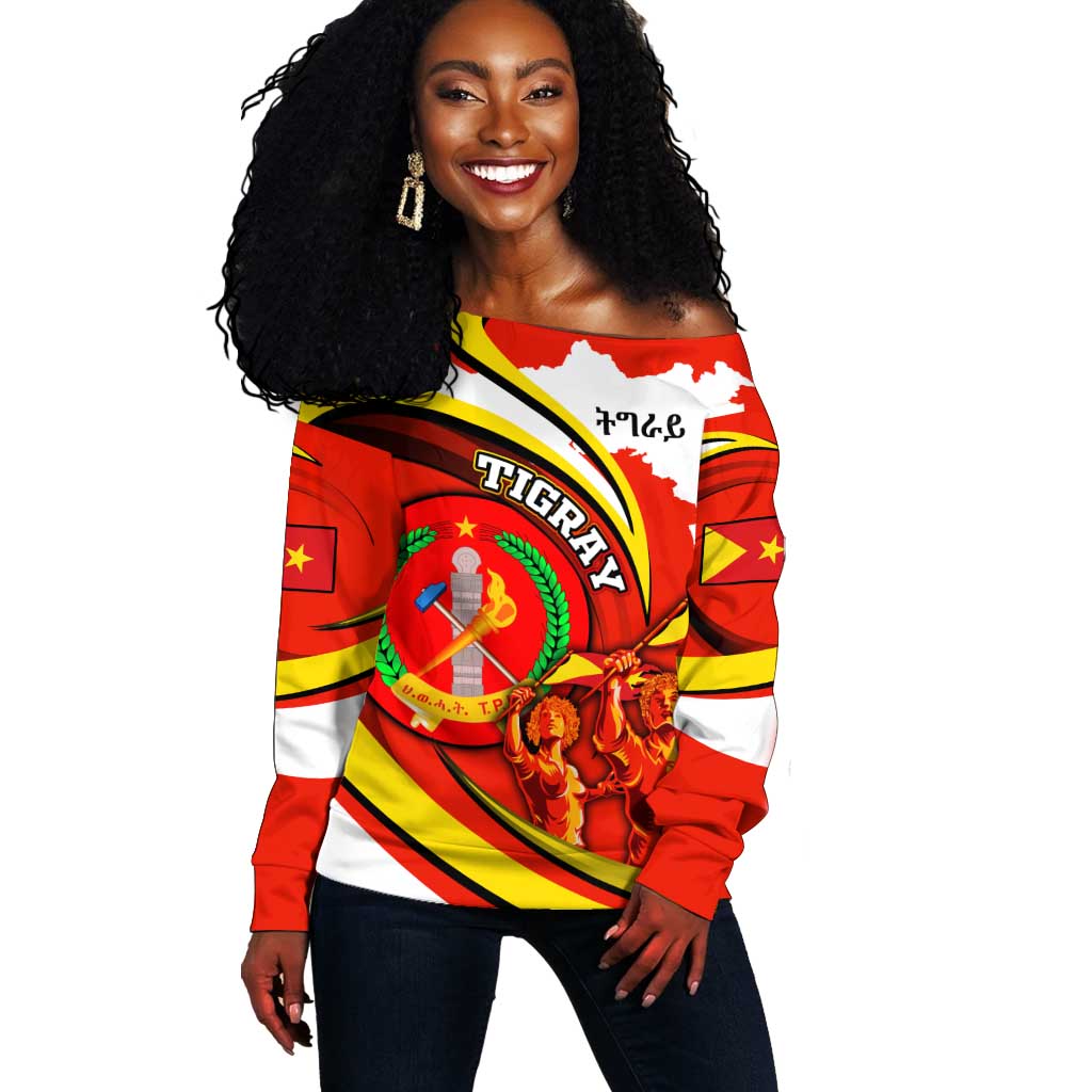Ethiopia Tigray Off Shoulder Sweater Revolution Emblem Freedom Fighters and Flag DT02