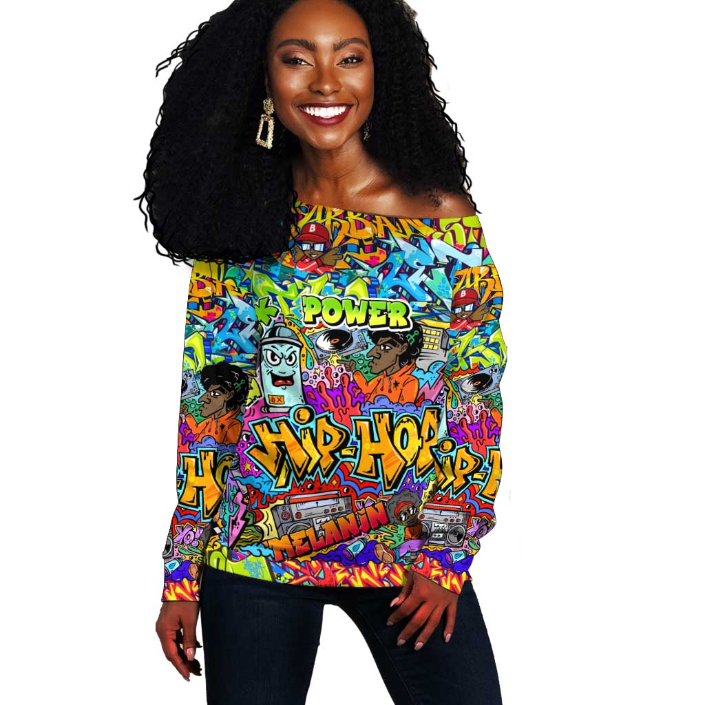 Hip Hop Graffiti Art Off Shoulder Sweater Black Power DT02