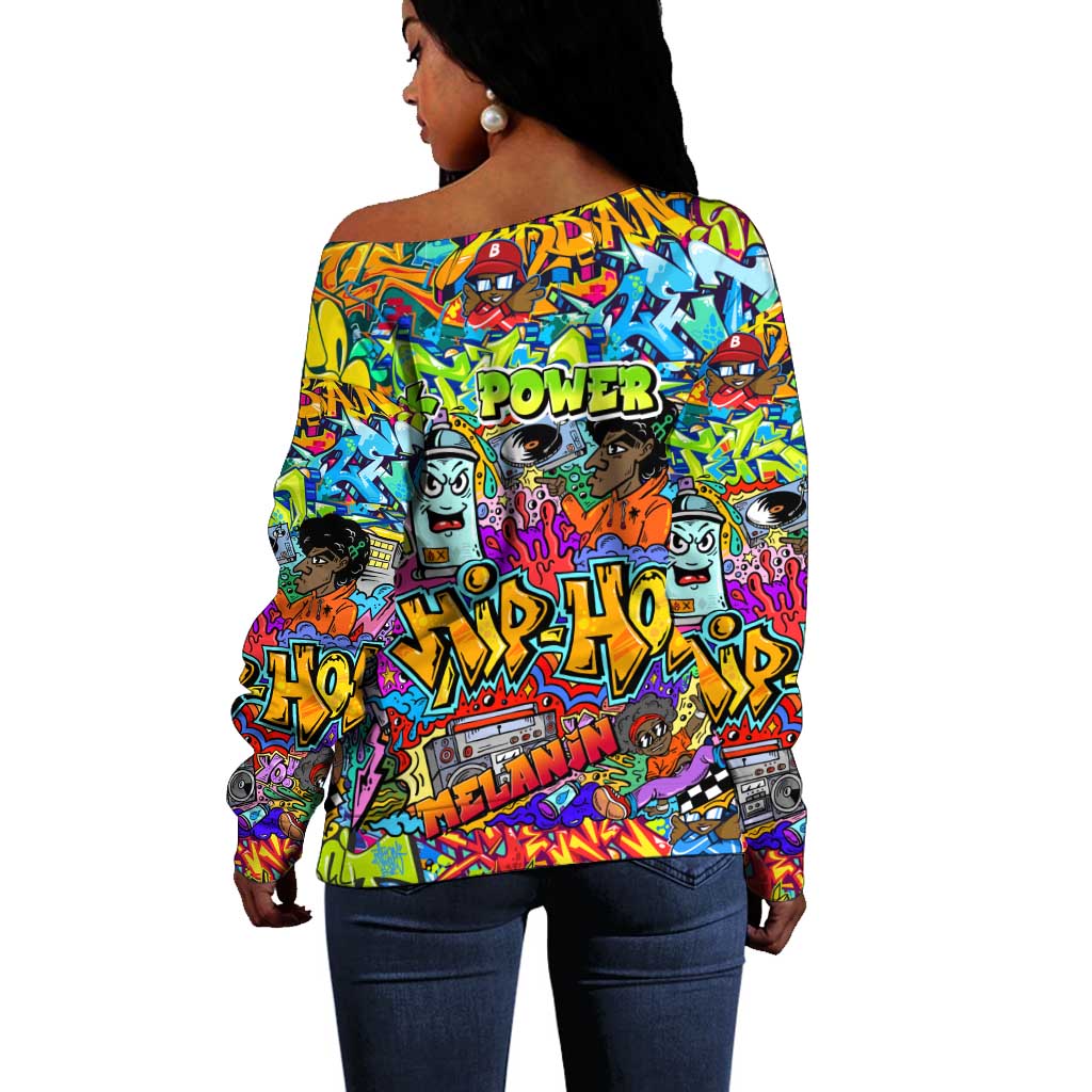 Hip Hop Graffiti Art Off Shoulder Sweater Black Power DT02