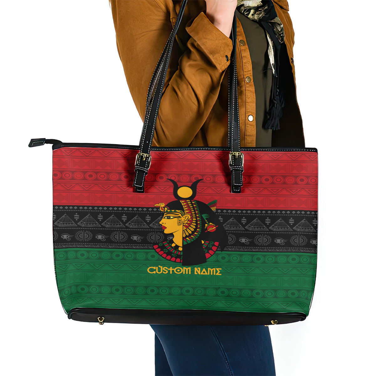 Personalized Queen In Pan-African Colors Leather Tote Bag Egyptian Beautiful Goddess DT02