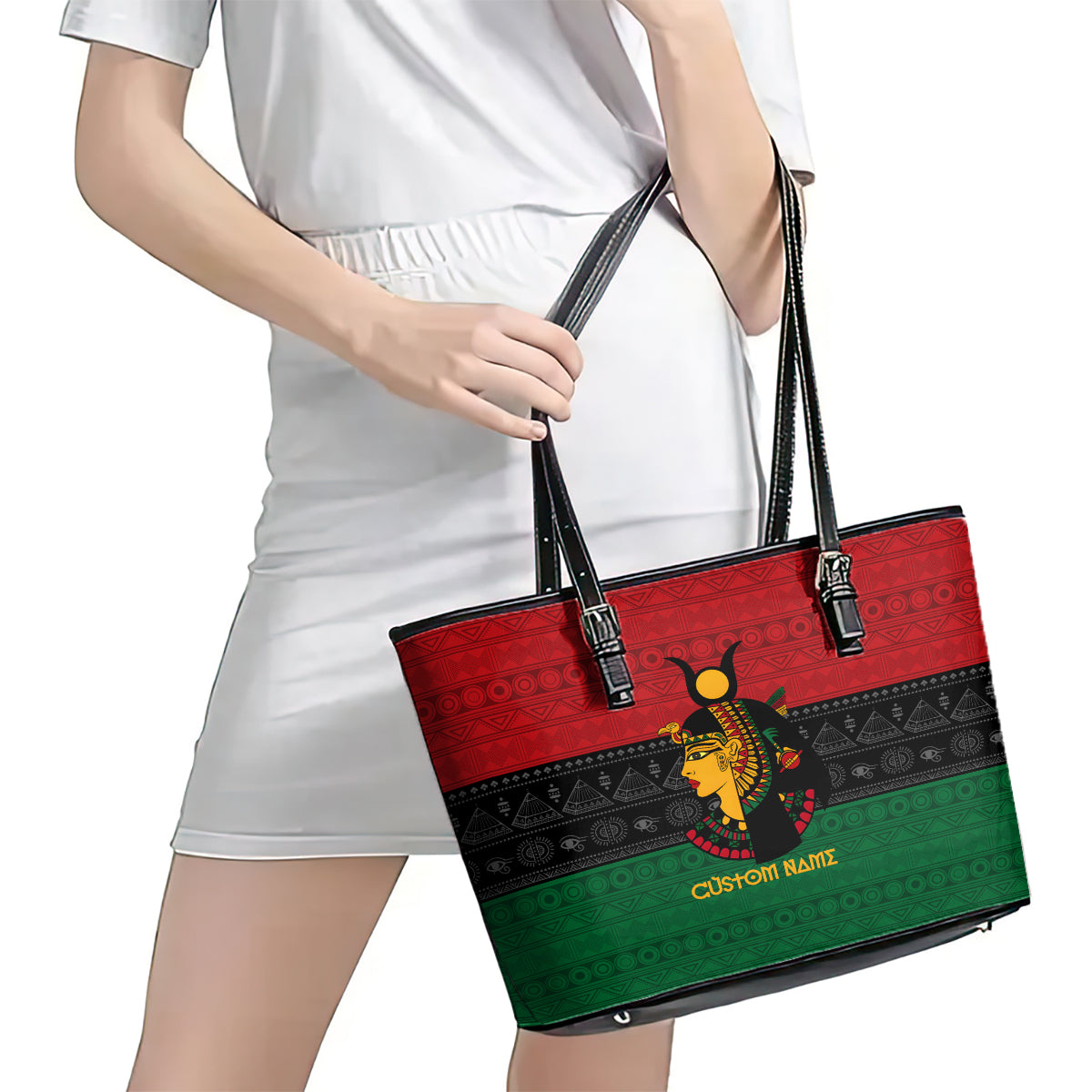 Personalized Queen In Pan-African Colors Leather Tote Bag Egyptian Beautiful Goddess DT02