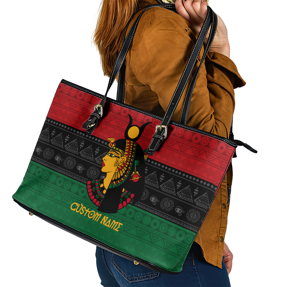 Personalized Queen In Pan-African Colors Leather Tote Bag Egyptian Beautiful Goddess DT02