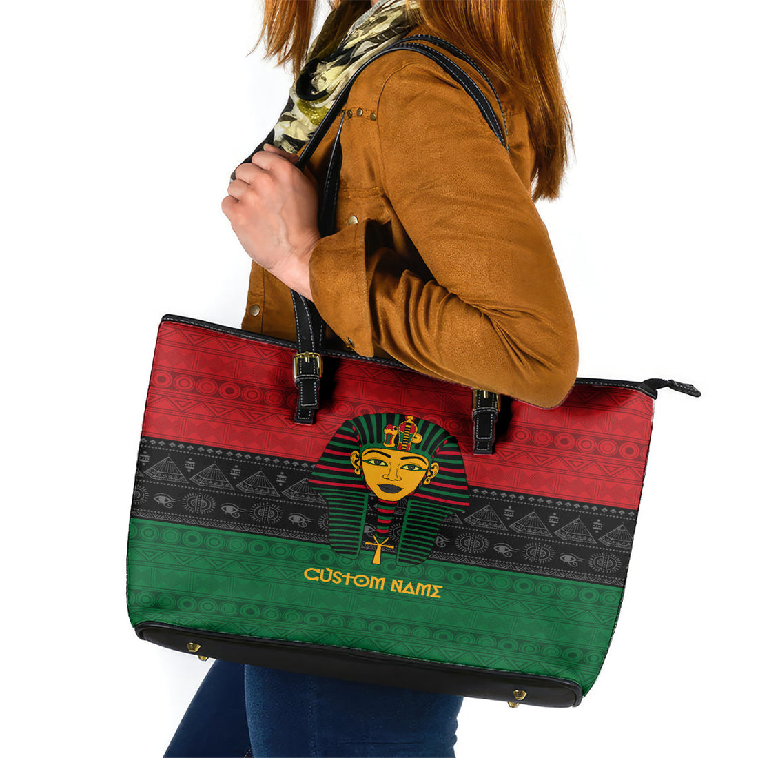 Personalized Pharaoh In Pan-African Colors Leather Tote Bag Ancient Egypt DT02