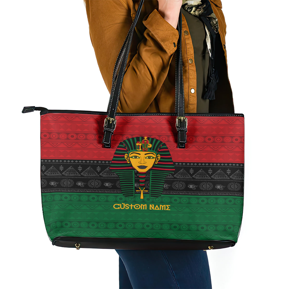 Personalized Pharaoh In Pan-African Colors Leather Tote Bag Ancient Egypt DT02