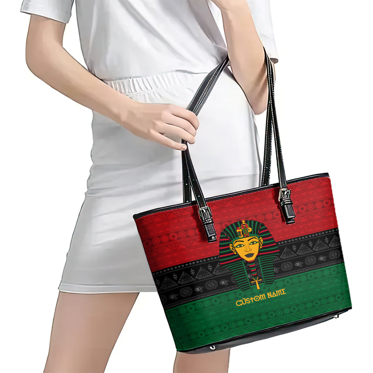 Personalized Pharaoh In Pan-African Colors Leather Tote Bag Ancient Egypt DT02
