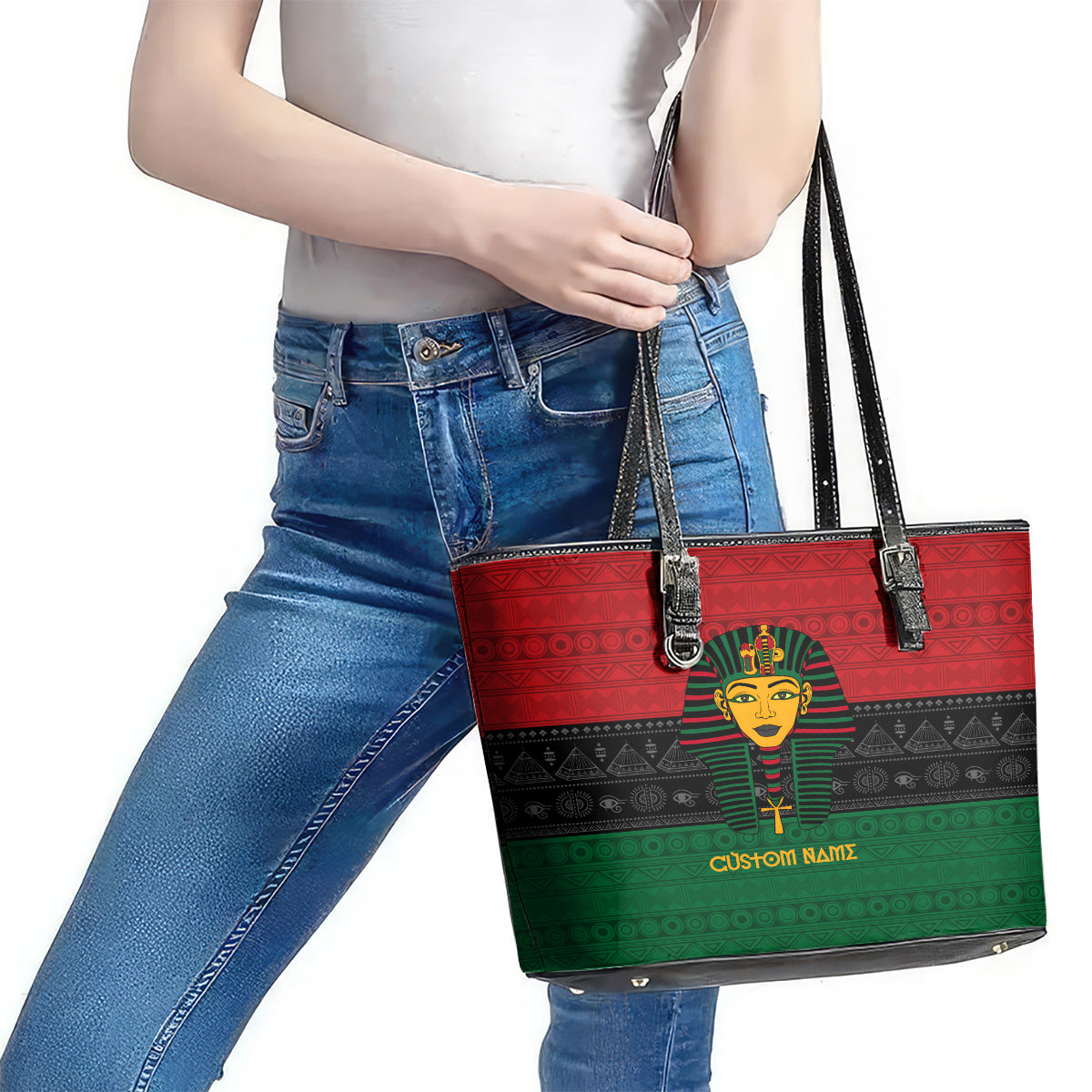 Personalized Pharaoh In Pan-African Colors Leather Tote Bag Ancient Egypt DT02