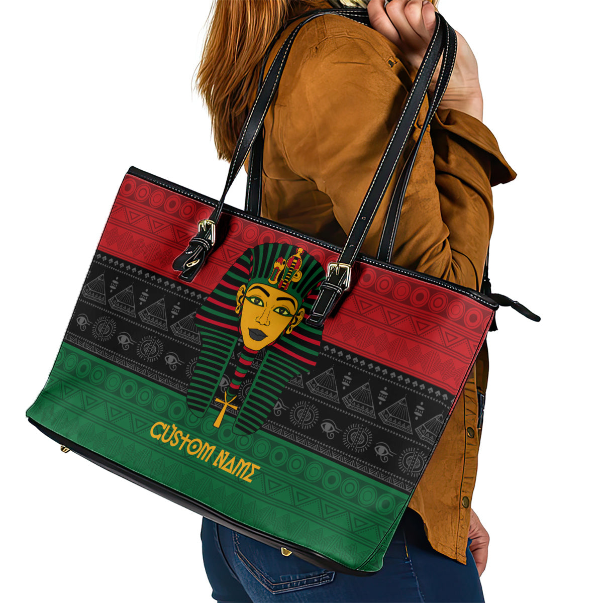 Personalized Pharaoh In Pan-African Colors Leather Tote Bag Ancient Egypt DT02