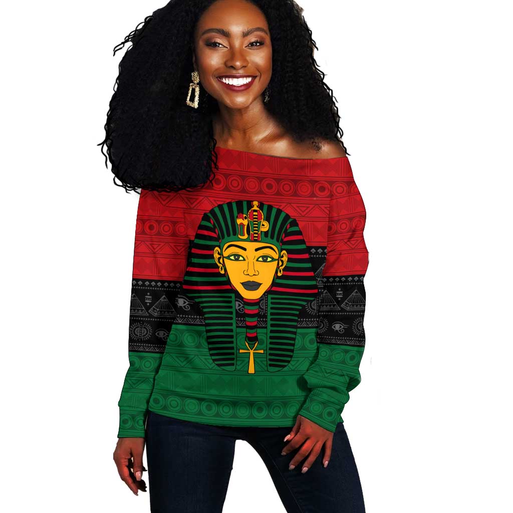 Personalized Ancient Egypt Off Shoulder Sweater - Pharaoh in Pan-African Colors DT02