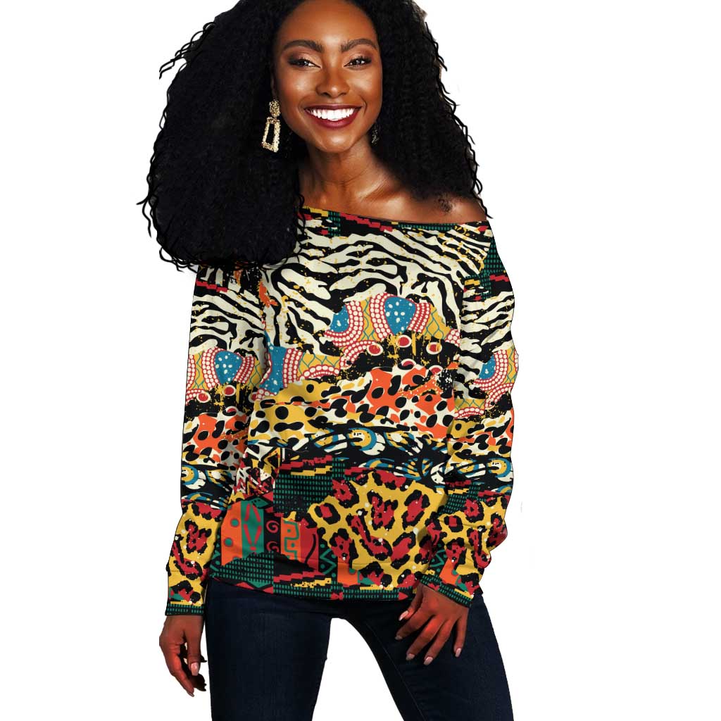 African Wildlife Off Shoulder Sweater Animal Pattern DT02