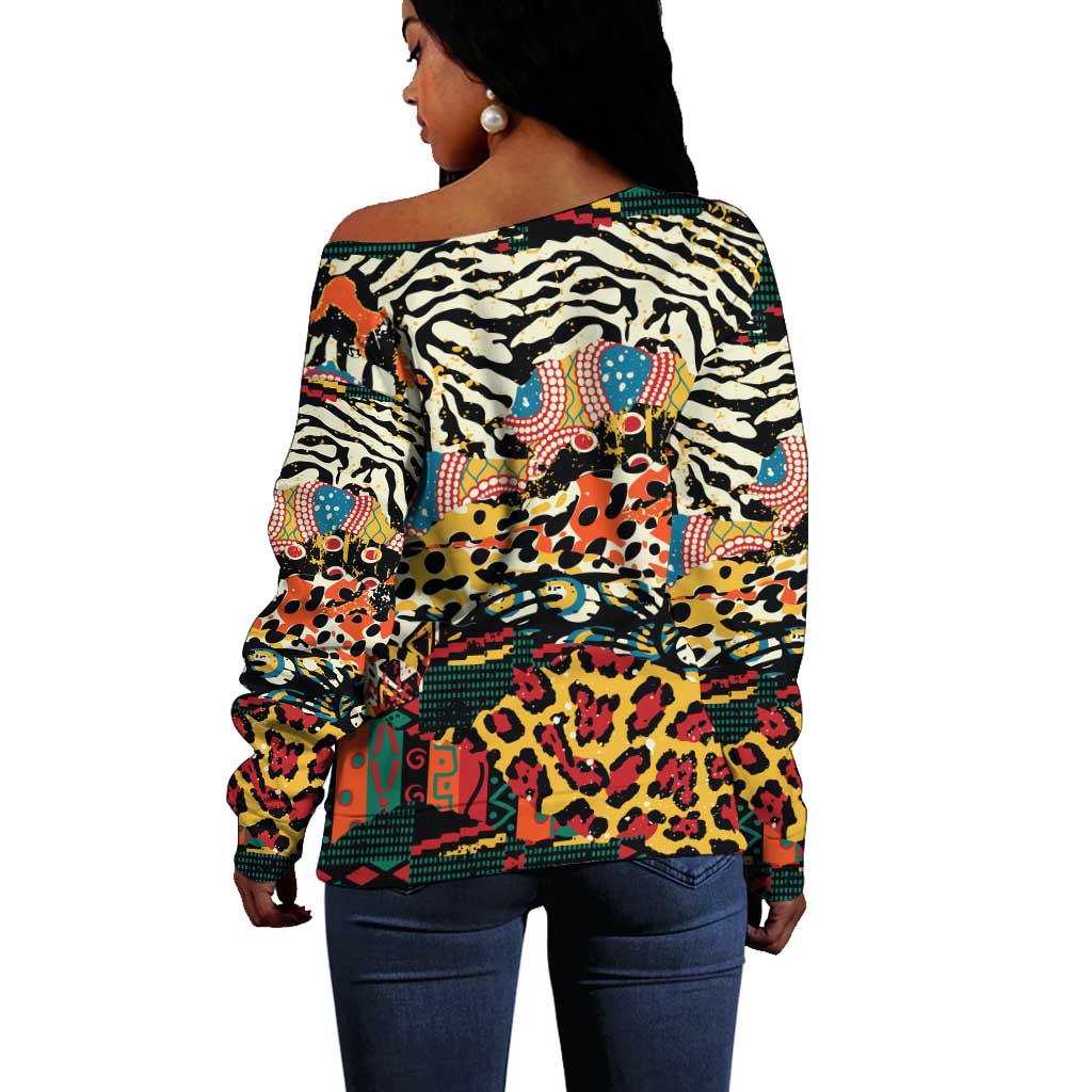 African Wildlife Off Shoulder Sweater Animal Pattern DT02