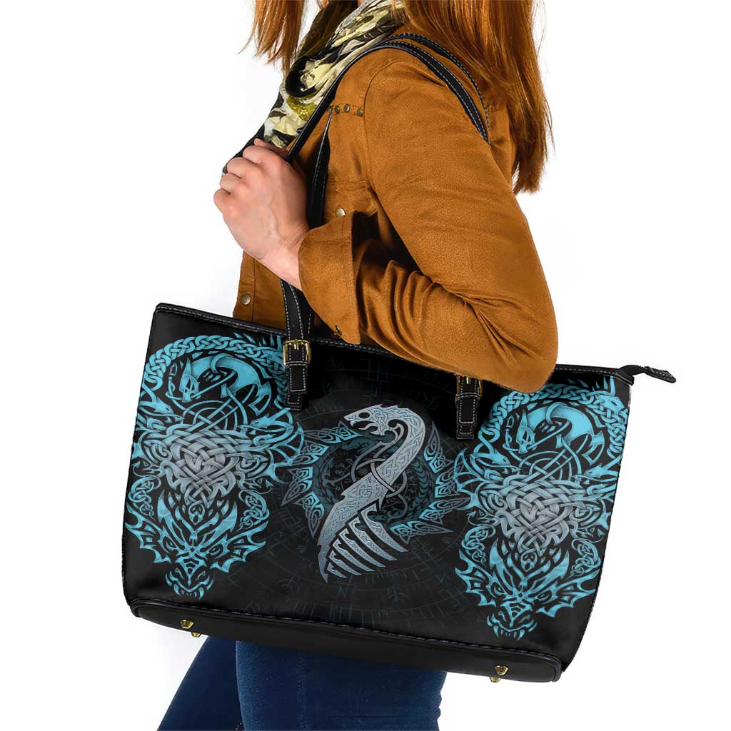 Dragon Viking With Runes Leather Tote Bag Blue Black DT02