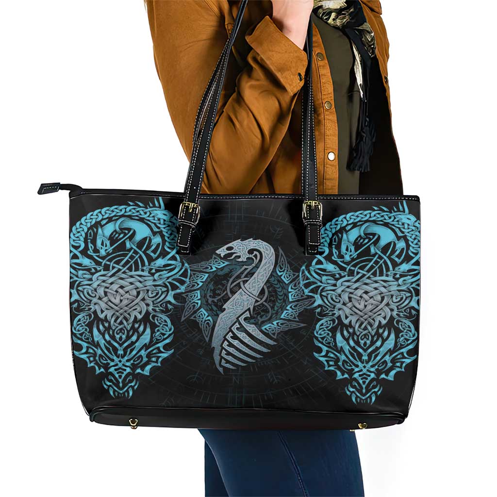 Dragon Viking With Runes Leather Tote Bag Blue Black DT02