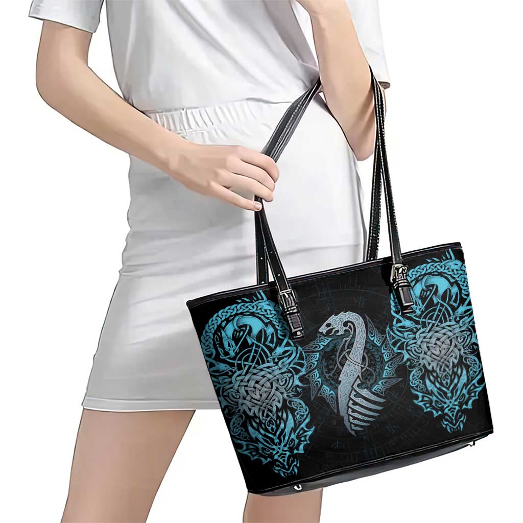 Dragon Viking With Runes Leather Tote Bag Blue Black DT02