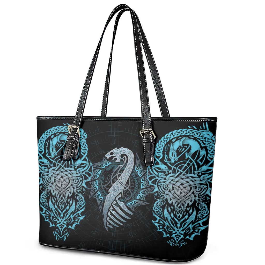 Dragon Viking With Runes Leather Tote Bag Blue Black DT02