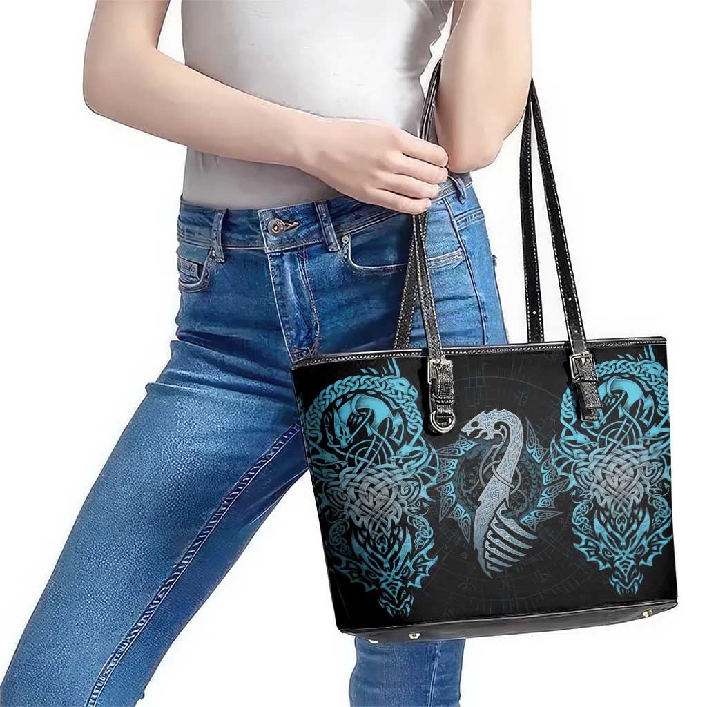 Dragon Viking With Runes Leather Tote Bag Blue Black DT02