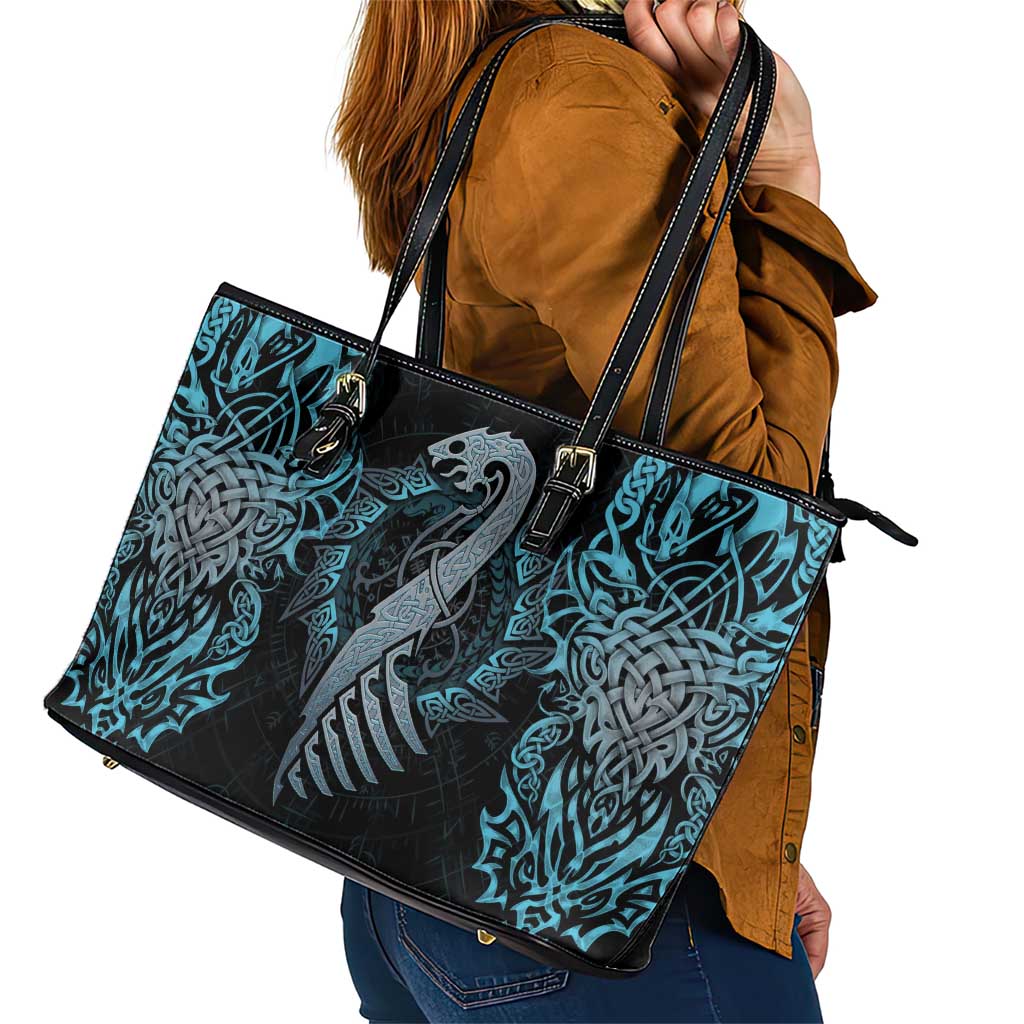 Dragon Viking With Runes Leather Tote Bag Blue Black DT02