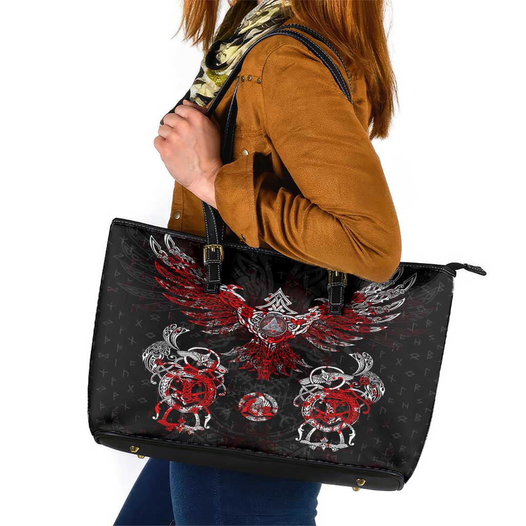 Raven And Norse Runes Leather Tote Bag Viking DT02