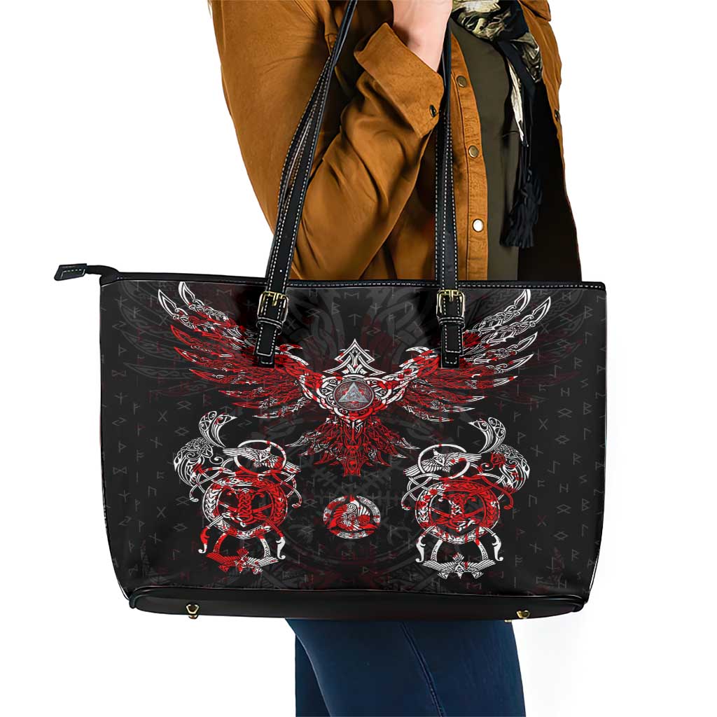 Raven And Norse Runes Leather Tote Bag Viking DT02
