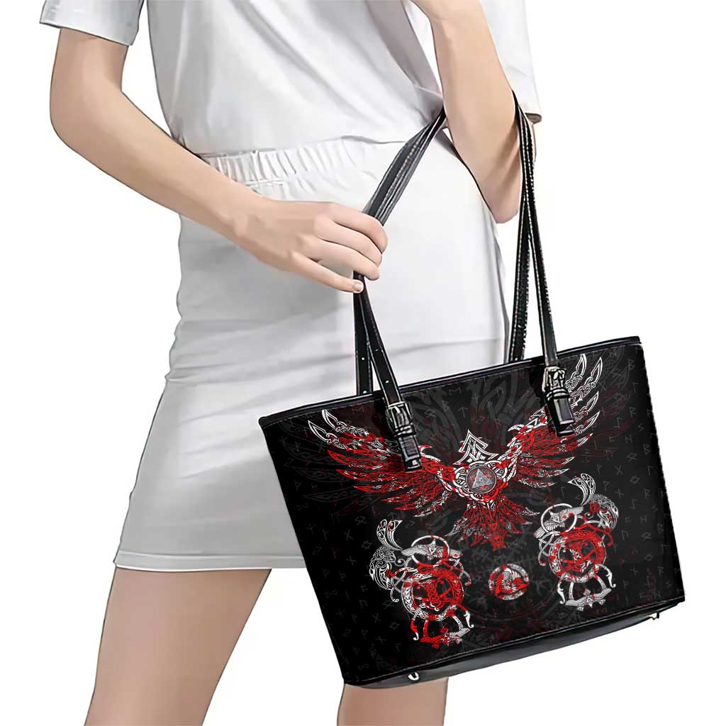 Raven And Norse Runes Leather Tote Bag Viking DT02