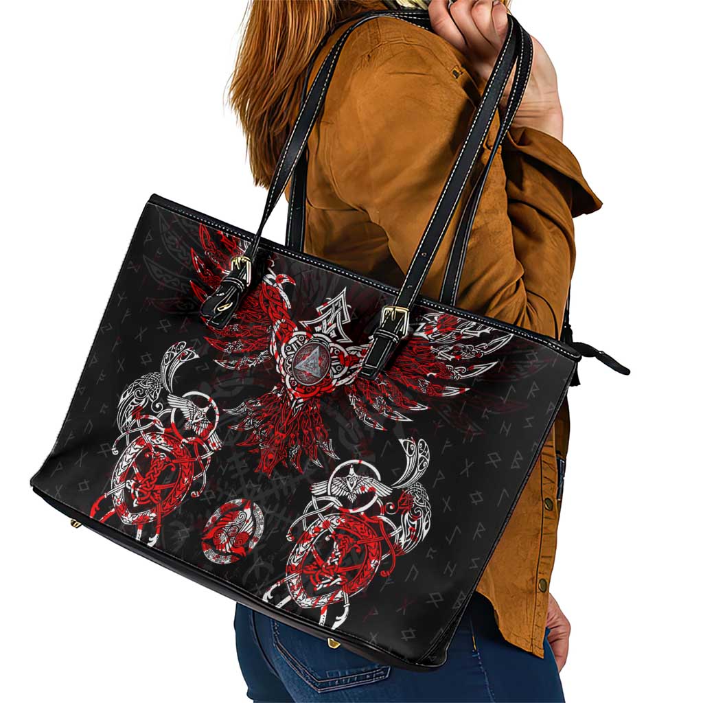 Raven And Norse Runes Leather Tote Bag Viking DT02
