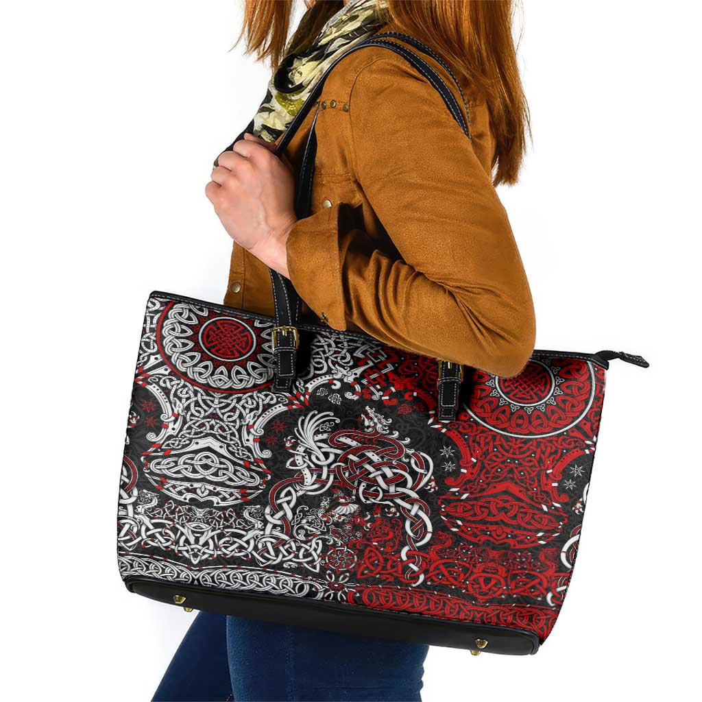 Viking Warrior And Viking Dragons Leather Tote Bag DT02