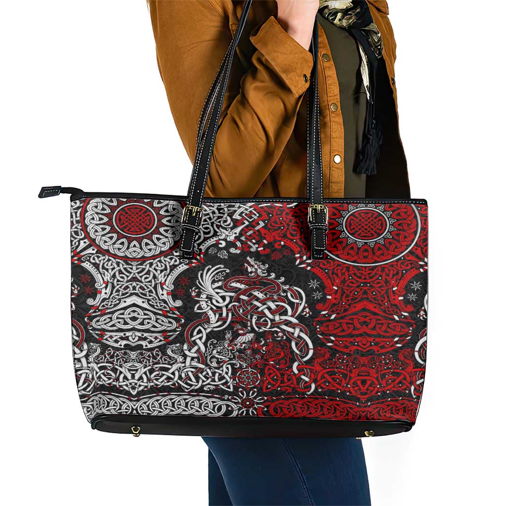 Viking Warrior And Viking Dragons Leather Tote Bag DT02