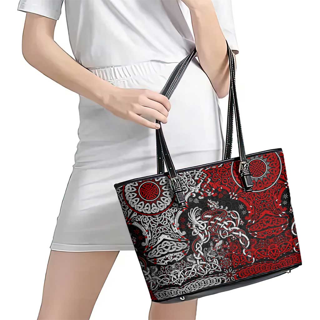 Viking Warrior And Viking Dragons Leather Tote Bag DT02