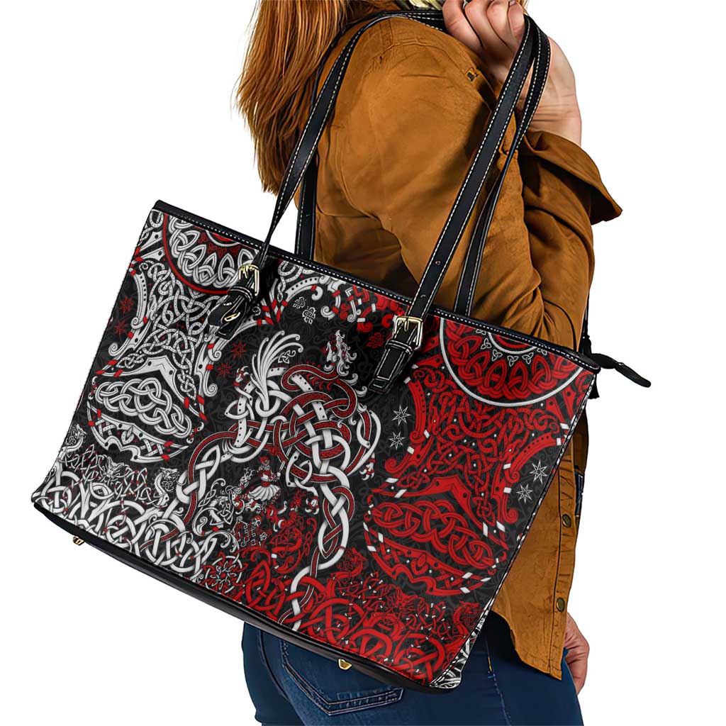 Viking Warrior And Viking Dragons Leather Tote Bag DT02