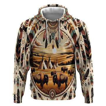Native American Life Hoodie Teepee Village With Buffalo Bison DT02