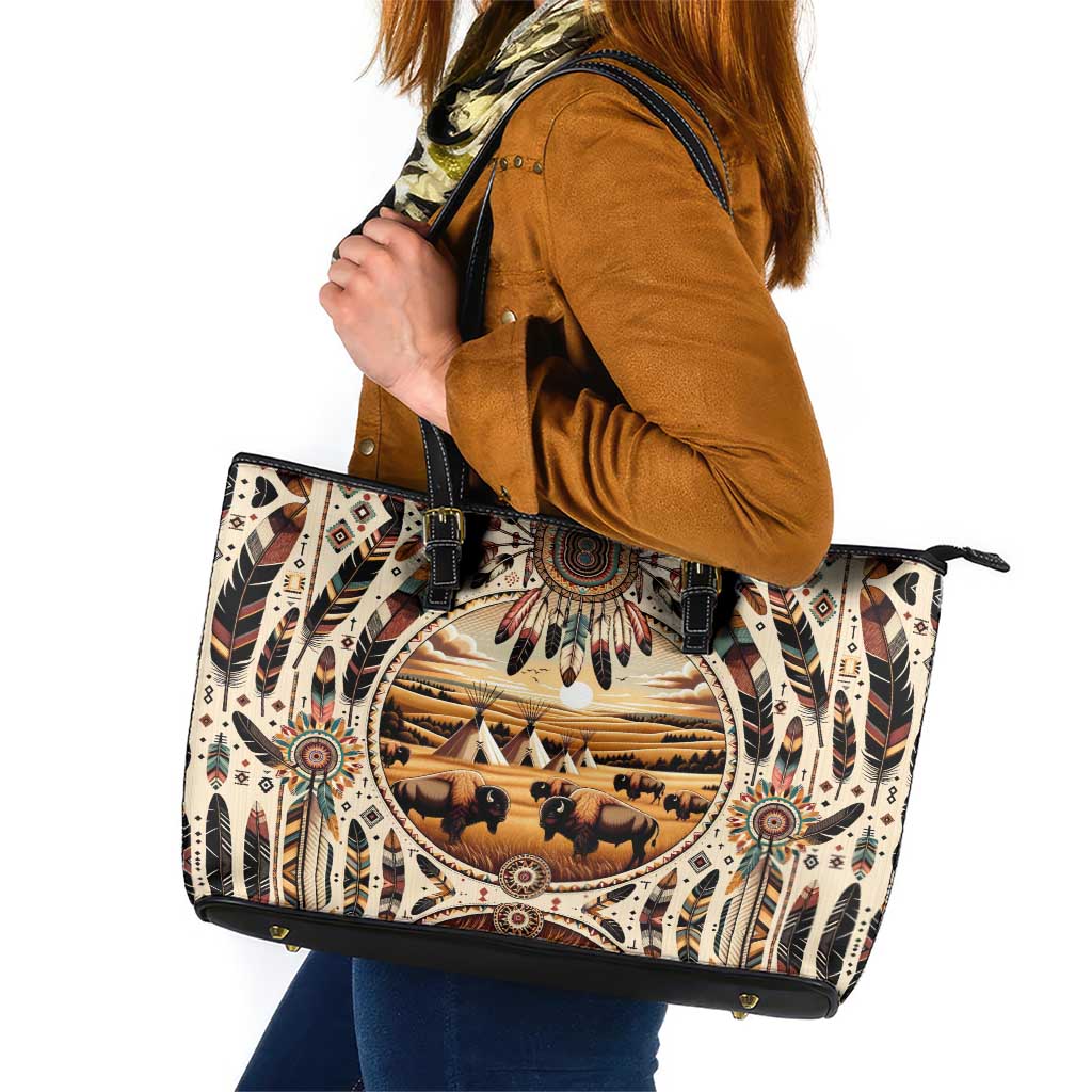 Native American Life Leather Tote Bag Teepee Village With Buffalo Bison DT02