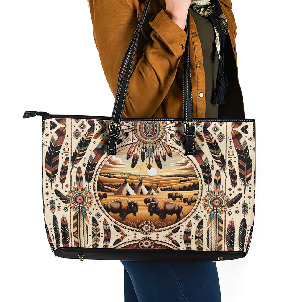 Native American Life Leather Tote Bag Teepee Village With Buffalo Bison DT02
